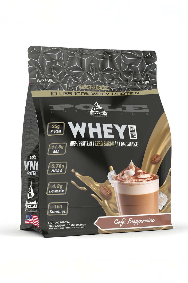 POLE NUTRITION 100% Whey Protein 10 lbs (4.53kg) - High Protein Lean Shake with Zero Sugar (Cafe Frappuccino) - Image 1
