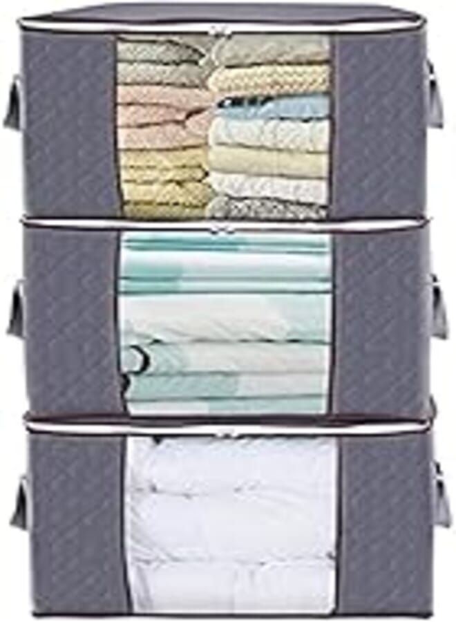 Fabric Clothes Storage Boxes, Bedding Large Storage Bags With Lid, Underbed Clothing Storage Box, Zipper Foldable Drawer Organizer, Used For Quilts Sweaters Duvet, 60 x 35 x 43 cm, 3 Pcs 