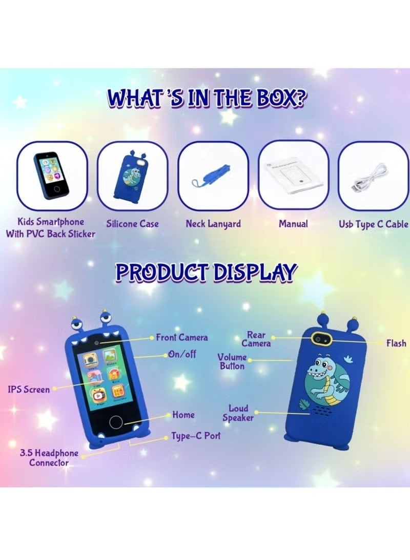 Makrystorm Kids Smart Phone, Dual Camera Unicorn Kids Phone Toy with Games, Music Player, Toddler Cell Phone Kids Learning Play Toy for 3-12 Years Old Boys Girls, Christmas Birthday With 8G Card (Blue) - Image 2