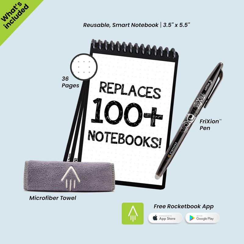 Rocketbook Smart Reusable Notebook - Dotted Grid Eco-Friendly Notebook with 1 Pilot Frixion Pen & 1 Microfiber Cloth Included - Infinity Black Cover, Mini Size (3.5" x 5.5")