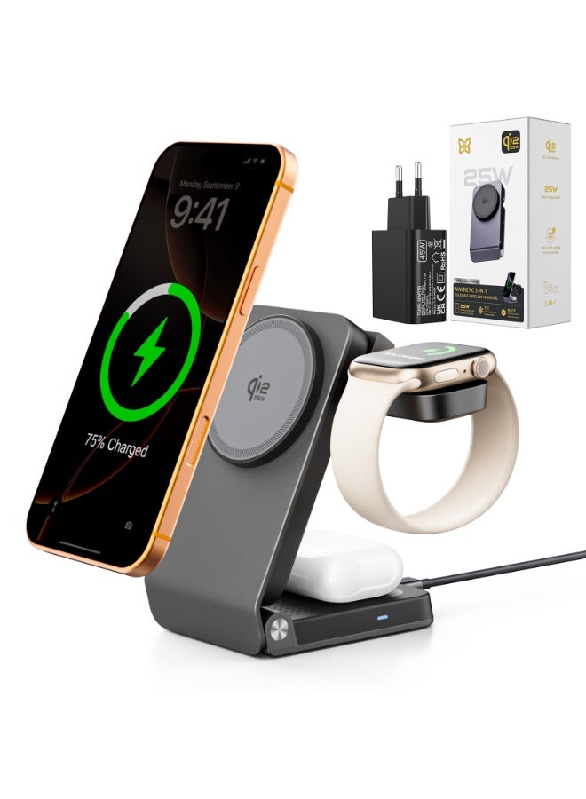 بيوتي بيست Beauty Beast 3-in-1 Magnetic Wireless Charging Station, Qi2.2 Certified 25W Fast Charger Stand with Active Cooling, Foldable Travel Mount for iPhone 17-12, Apple Watch & AirPods - Image 1