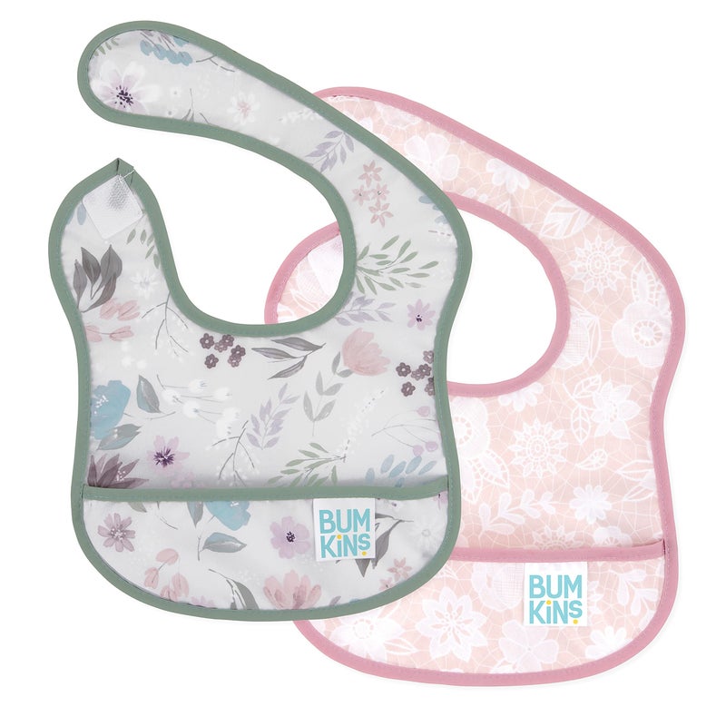Bumkins Bibs, for Baby Girl or Boy, Infant 3-9 Months, Essential Must Have for Eating, Feeding, Baby Led Weaning, Mess Saving Waterproof Soft Fabric, Starter Bib 2-pk Floral and Lace Gray and Pink - Image 1