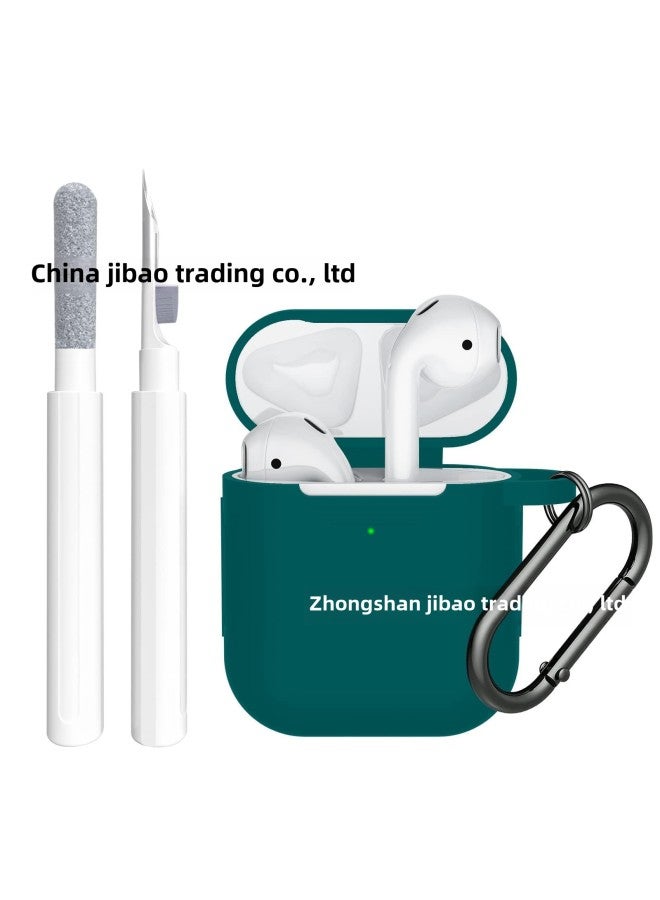 Applicable For Apple Headset Protective Cover Airpods2 Generation 1 Generation Silicone Protective Cover With Earphone Cleaning Pen Suit-Color:Dark Green-Model:Airpods2 Generation 1 Generation Protective Cover With Cleaning Pen Suit - Image 1