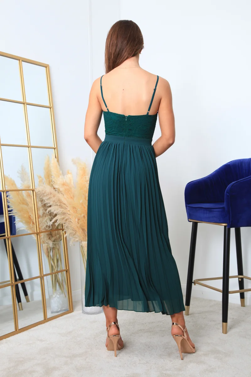 Double Second dark green Strappy Pleated Lace Dress for Women | Best Price UAE