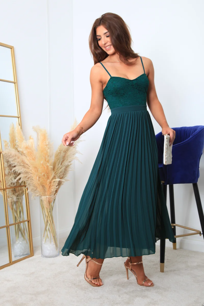 Double Second dark green Strappy Pleated Lace Dress for Women | Best Price UAE