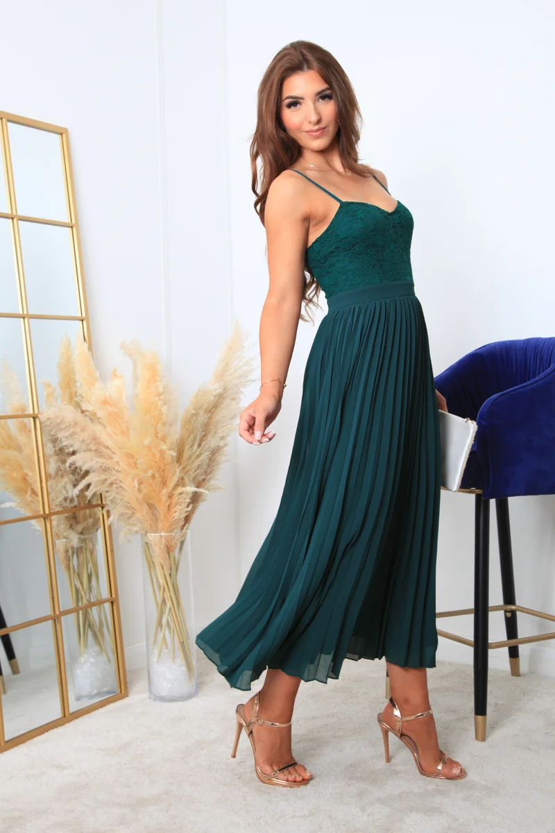 Double Second dark green Strappy Pleated Lace Dress for Women | Best Price UAE