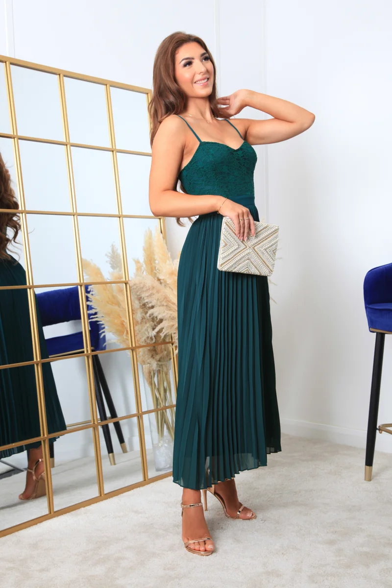 Double Second dark green Strappy Pleated Lace Dress for Women | Best Price UAE