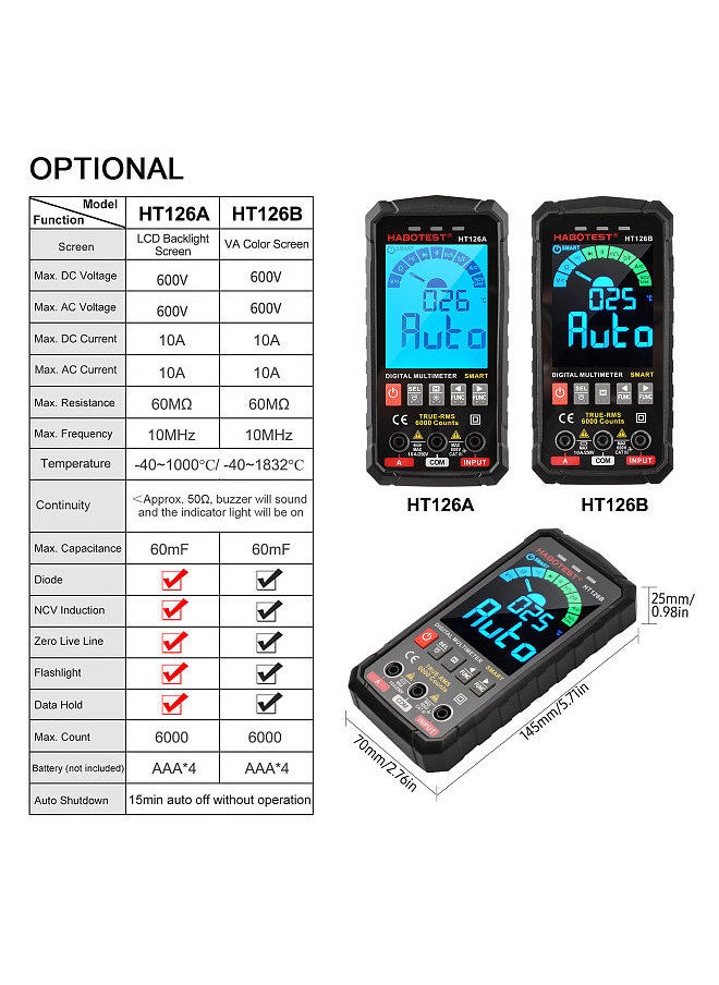 HABOTEST - Smart Digital Multimeter 6000 Counts True RMS Auto-ranging VA Color Screen Electrical Tester Voltmeter Ammeter Temperature Measuring - Image 1