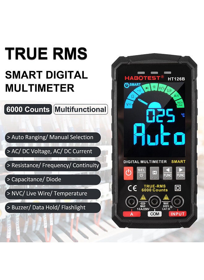 HABOTEST - Smart Digital Multimeter 6000 Counts True RMS Auto-ranging VA Color Screen Electrical Tester Voltmeter Ammeter Temperature Measuring - Image 1