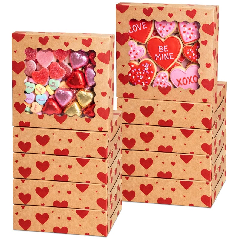 FoldTier 48 Pack Kraft Heart Cookie Boxes with Window, 9 x 9 x 2.5 Inch Bakery Treat Gift Boxes for Chocolate Covered Strawberries, Brownies, Cupcakes, Donuts, Gift Giving - Image 1
