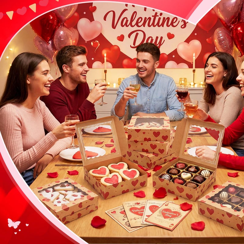 FoldTier 48 Pack Kraft Heart Cookie Boxes with Window, 9 x 9 x 2.5 Inch Bakery Treat Gift Boxes for Chocolate Covered Strawberries, Brownies, Cupcakes, Donuts, Gift Giving - Image 4