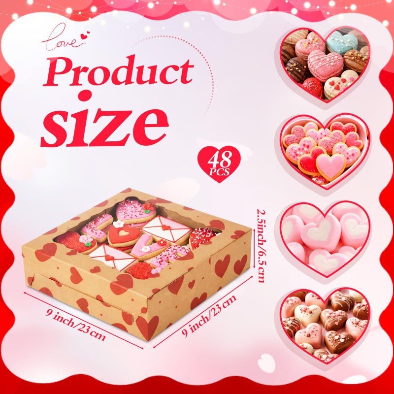 FoldTier 48 Pack Kraft Heart Cookie Boxes with Window, 9 x 9 x 2.5 Inch Bakery Treat Gift Boxes for Chocolate Covered Strawberries, Brownies, Cupcakes, Donuts, Gift Giving - Image 3