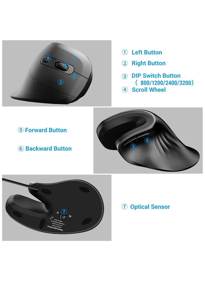 LIKE SHOW Wired Vertical Mouse, Ergonomic Mouse for Right-Handed Users, 800/1200/2400/3200 DPI PC Mouse Prevention Against Mouse Arm / Tennis Elbow (RSI Syndrome), Computer Mouse for Office/Home