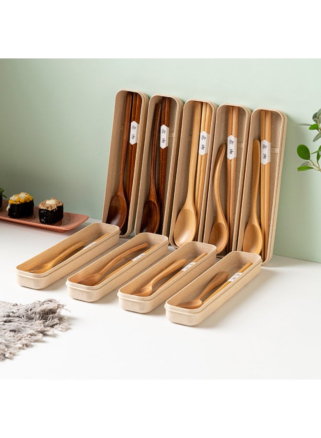 Japanese-style Student Travel Portable Boxed Nanmu Long Handle Chopsticks Tableware Wooden Spoon Portable Suit Wholesale-Specifications:23.5cm Lotus Wood Round Mouth Chopsticks + Box  - Image 3