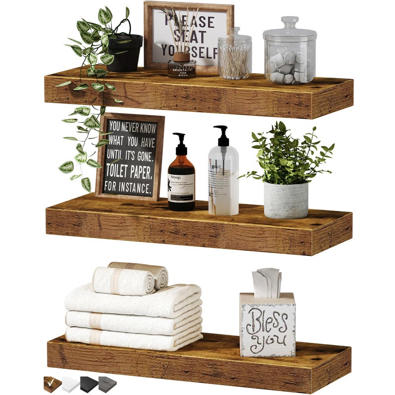 QEEIG Floating Shelves for Wall Bathroom Shelf Bedroom Kitchen Living Room Hanging Book Shelves Small Farmhouse Decor 16 inch Set of 3 Rustic Brown 015BN3