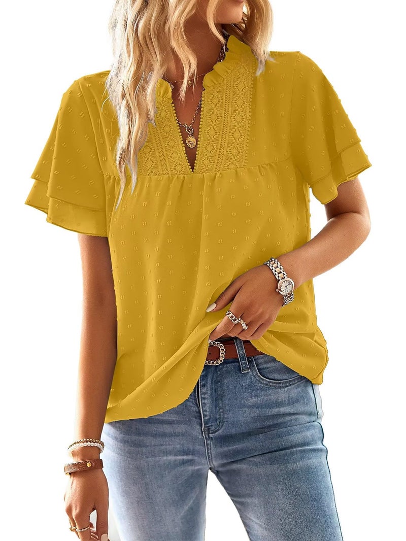 Falechay V Neck Womens Shirts Crochet Boho Going Out Tops for Women Trendy Flowy Elegant Short Sleeves Bohemian Blouses Ruffle Sleeve Swiss Dot Shirt Cute Teacher Top Lace Edges Yellow Blouse S - Image 1