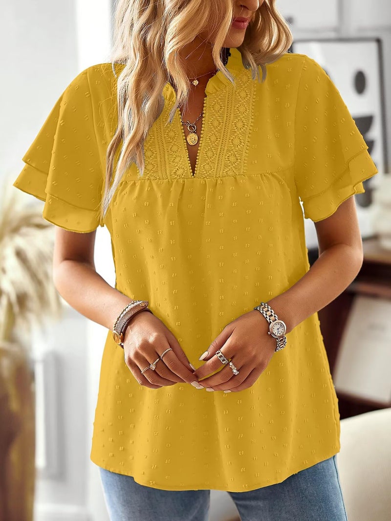 Falechay V Neck Womens Shirts Crochet Boho Going Out Tops for Women Trendy Flowy Elegant Short Sleeves Bohemian Blouses Ruffle Sleeve Swiss Dot Shirt Cute Teacher Top Lace Edges Yellow Blouse S - Image 5