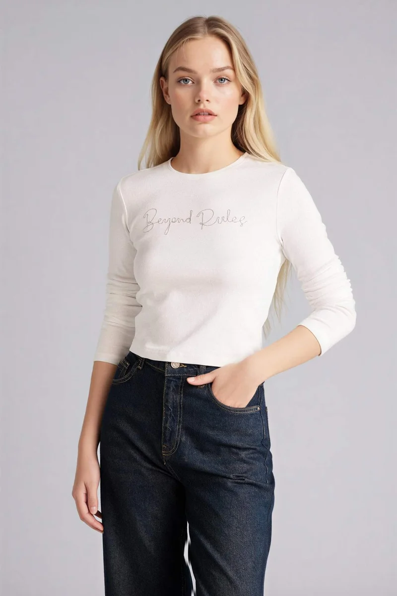 DeFacto Fitted Printed Crew Neck Long Sleeves T-Shirt