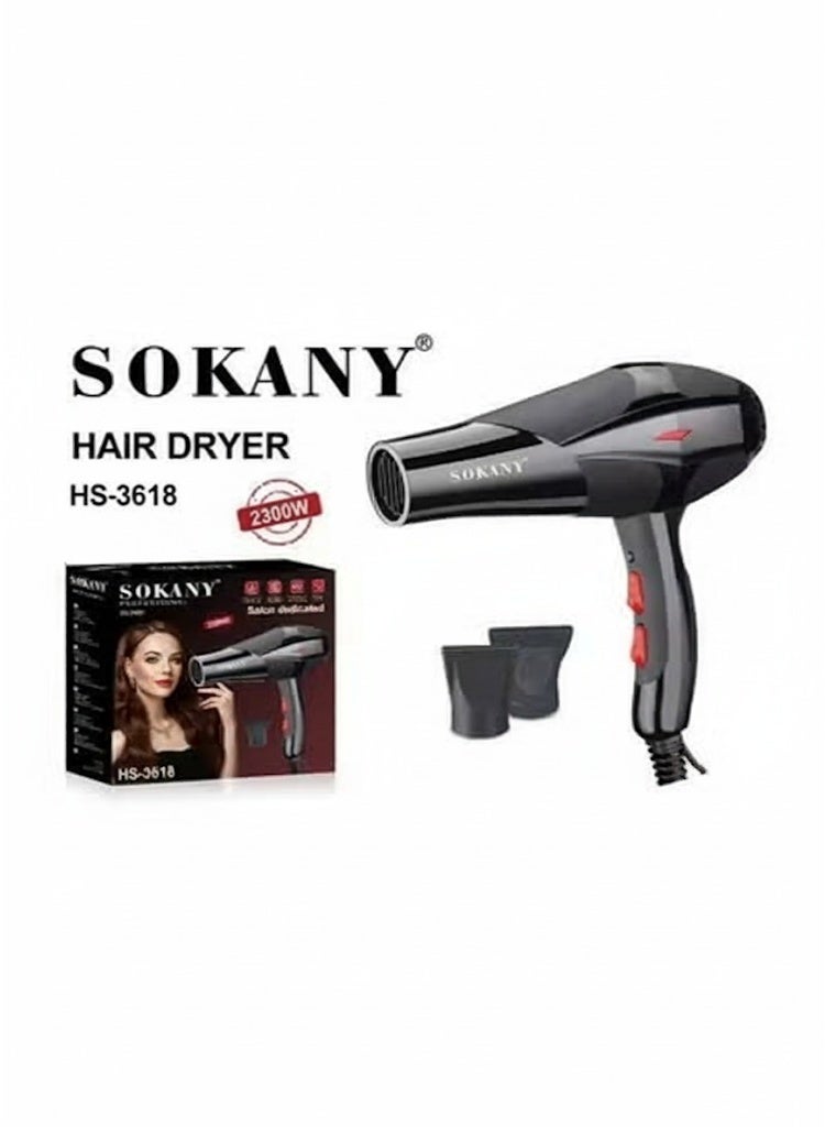 Sokany Hair Dryer 2300 Watt Hot Cold Motor 2 Speed ​​Black HS-3618 - Image 1