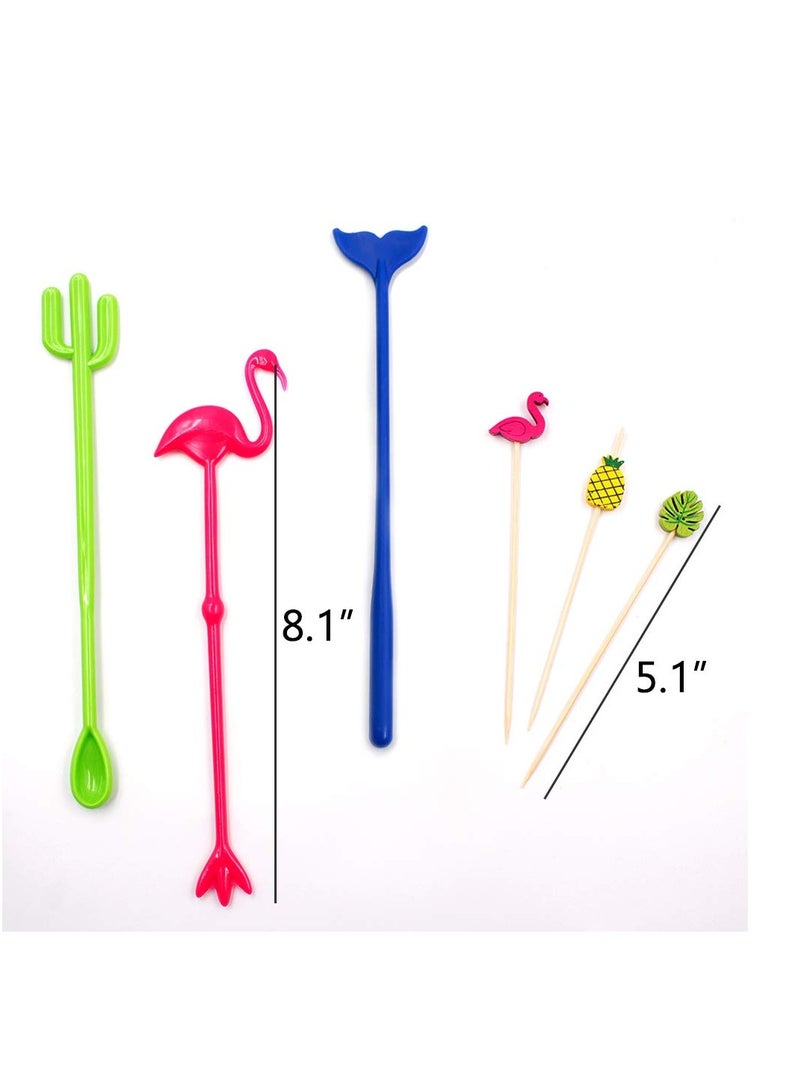 SOLARAE Ice Drink Mixing Stick Set,15Pcs Flamingo Cactus Reusable Novelty Swizzle Sticks with 100Pcs Bamboo Decorative Appetizer Picks for Tropical Beach Christmas Party - Image 3