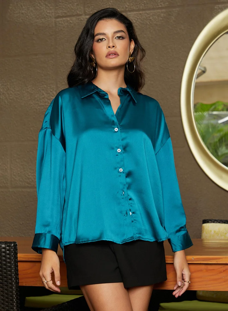 Campus Sutra Women's Teal Green Boxy Satin Shirt