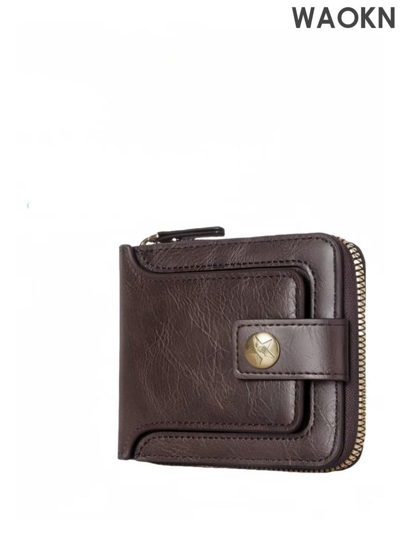 WAOKN Men's wallet with high-end feel, retro style three fold wallet, zipper bag for loose change storage wallet, large capacity, with banknote compartment, ID card window, coin pocket and card slot（brown）. - Image 1