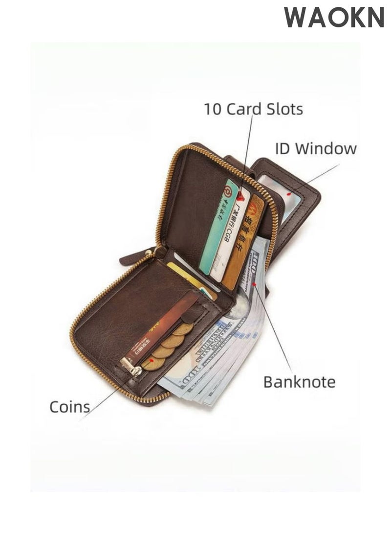 WAOKN Men's wallet with high-end feel, retro style three fold wallet, zipper bag for loose change storage wallet, large capacity, with banknote compartment, ID card window, coin pocket and card slot（brown）. - Image 3