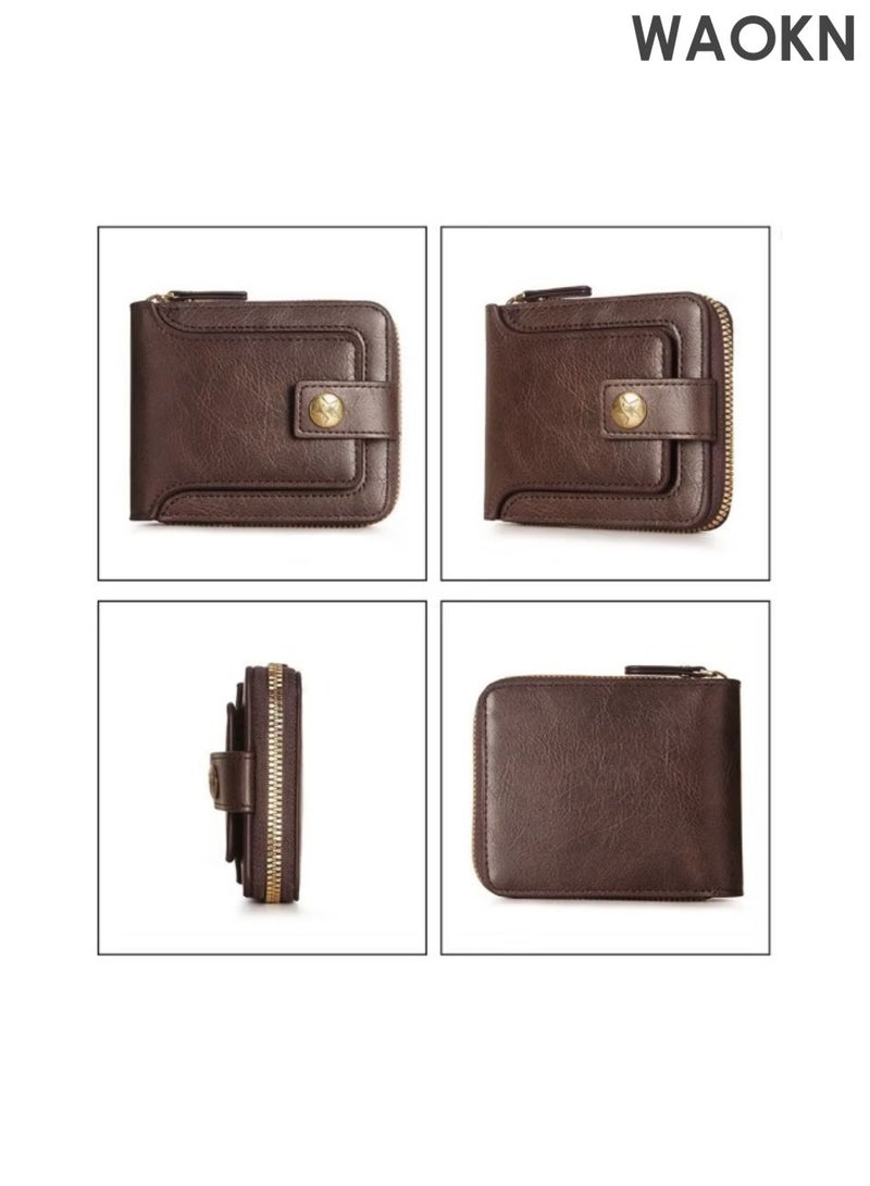 WAOKN Men's wallet with high-end feel, retro style three fold wallet, zipper bag for loose change storage wallet, large capacity, with banknote compartment, ID card window, coin pocket and card slot（brown）. - Image 5