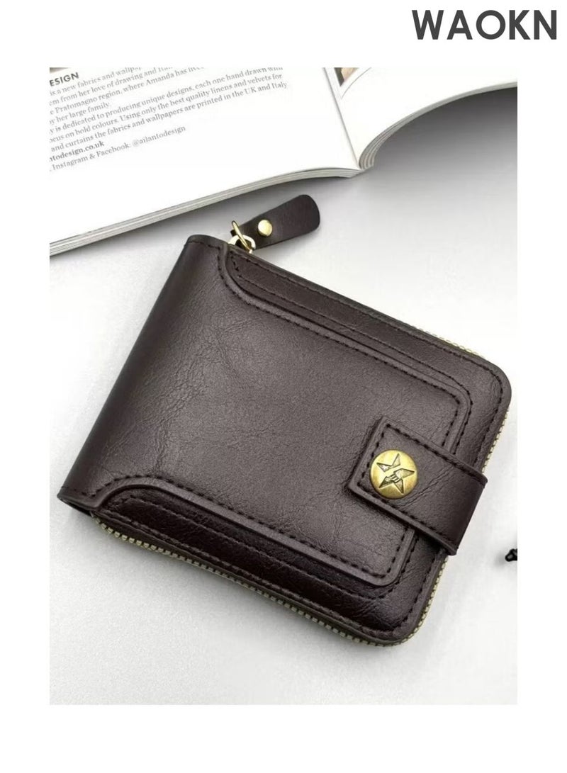 WAOKN Men's wallet with high-end feel, retro style three fold wallet, zipper bag for loose change storage wallet, large capacity, with banknote compartment, ID card window, coin pocket and card slot（brown）. - Image 2