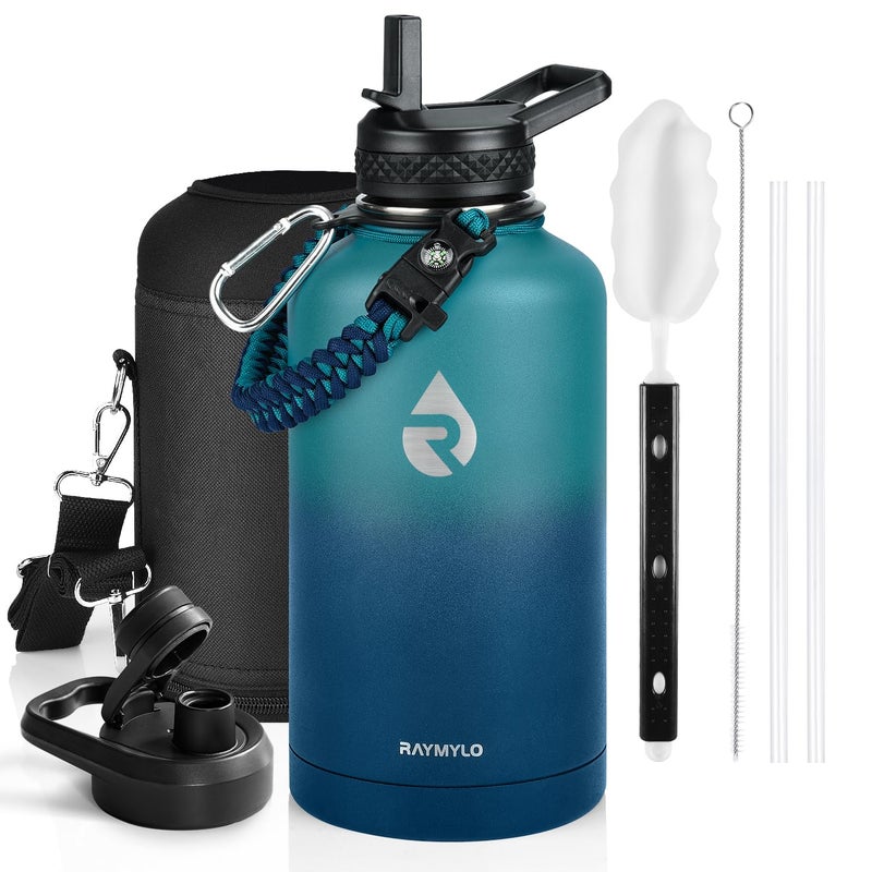 RAYMYLO Insulated Water Bottle 64 oz Triple Wall Vacuum Stainless Steel Cold for 48 Hrs Leak Proof NonBPA Half Gallon Water Flask Jug with Paracord Handle Straw Spout Lids Cyan Blue