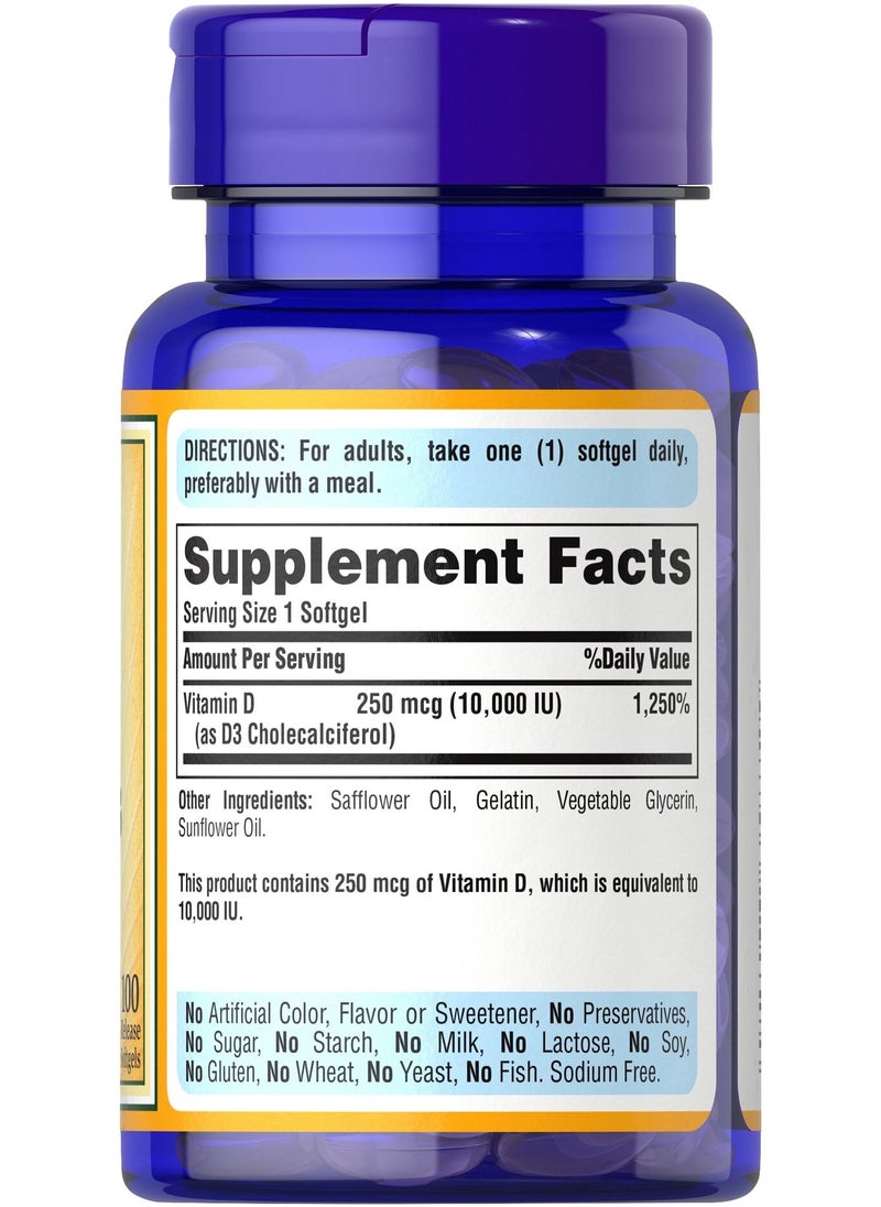 Puritan's Pride - Vitamin D3 10,000 Iu 100 Softgels - Package Color May Vary - Image 1