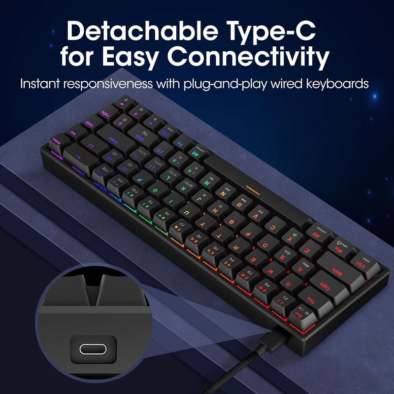 KOORUI 60% Mechanical Gaming Keyboard, Mixed Colors LED Backlit Ultra-Compact 68 Keys, Mini Wired Keyboard with Blue Switch for Windows Laptop PC/Mac OS/Xbox - Image 4