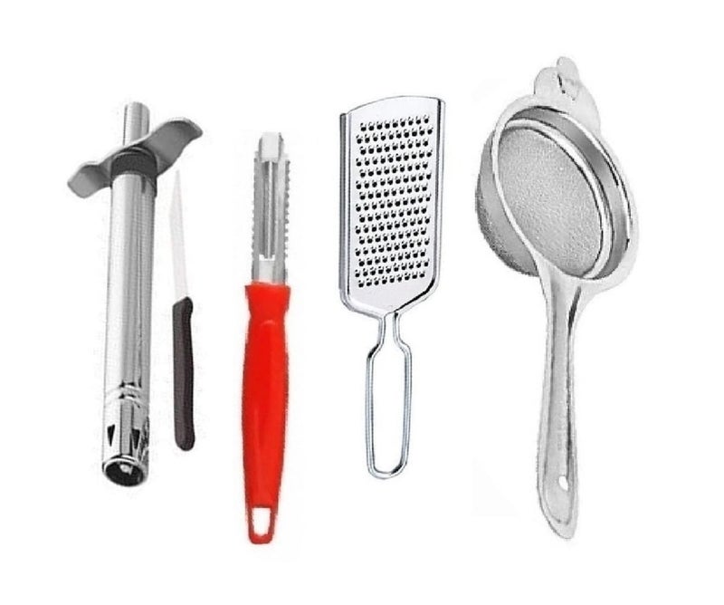 FIRST FRONT Steel Gas Lighter Knife with PeelerCheese Grater and Steel Tea Strainer Multicolour Pack of 4 - Image 1