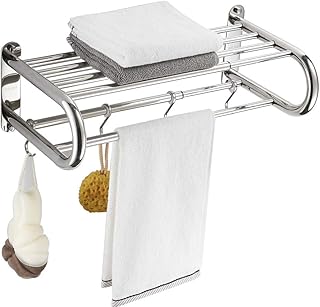 BESy Stainless Steel Towel Racks with Shelf, Adjustable Bathroom Shelf with Towel Bar Rod and Hooks for Wall Mount, - Image 1