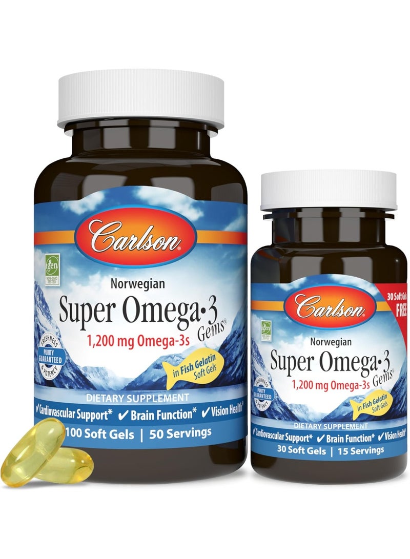 Carlson - Super Omega-3 Gems,1200mg Omega-3 Fatty Acids Including EPA and DHA, Norwegian, Wild-Caught fish oil Supplement, 100+30 Softgels - Image 1