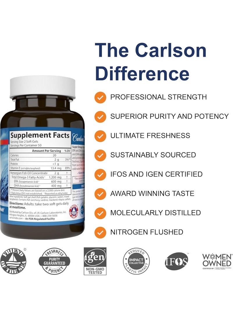 Carlson - Super Omega-3 Gems,1200mg Omega-3 Fatty Acids Including EPA and DHA, Norwegian, Wild-Caught fish oil Supplement, 100+30 Softgels - Image 4