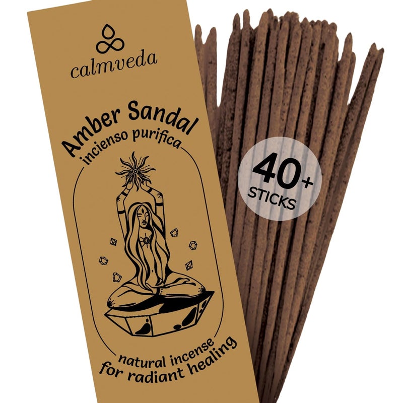 Calmveda Sandalwood Amber Incense Sticks Resin - (40+ Sticks  9 Inch) Thick Natural Amber Incense Sticks Made From Resins  Clean Charcoal Free | Warm Resinous - Sweet Aroma To Balance Energy & Cleanse Home - Image 1