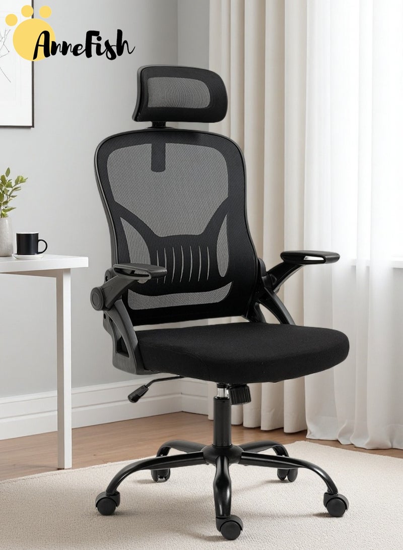 AnneFish Ergonomic Mesh Office Chair Adjustable Lumbar Comfortable High Back Executive Swivel Computer Office Chair with Flip-up Armrests Comfortable Headrest - Image 1