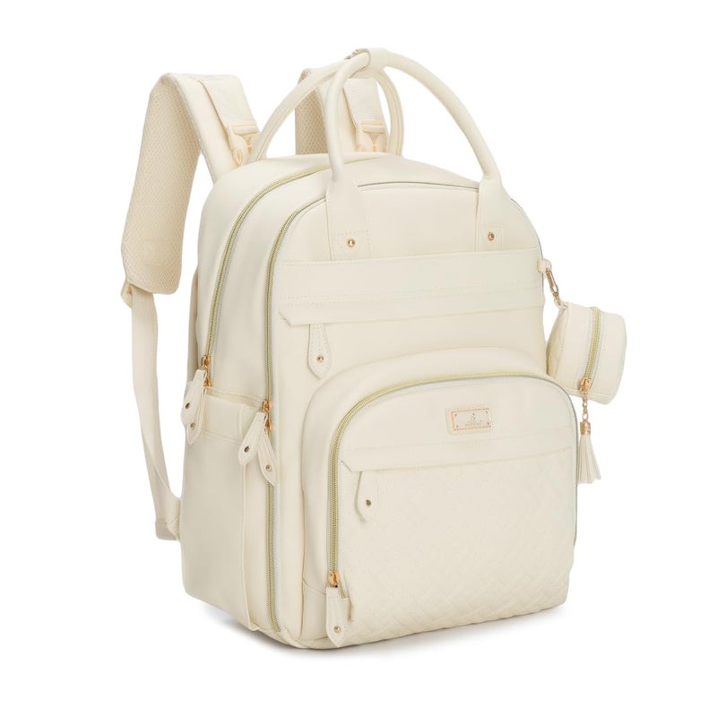 BabbleRoo BabbleRoo Leather Diaper Bag Backpack Baby Essentials Travel Baby Bag Multi function Waterproof with Changing Pad Stroller Straps Pacifier Case Unisex Eggshell White
