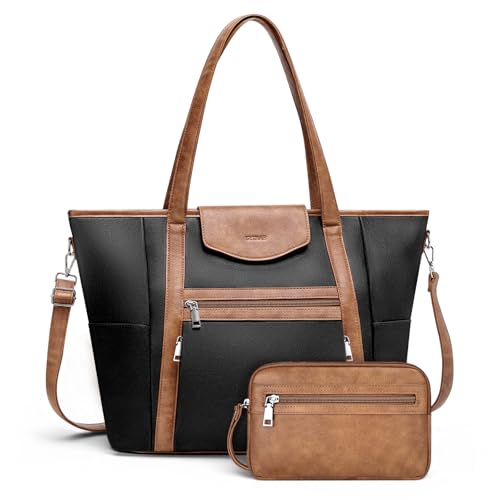 SYTRAH Laptop Bag for Women Designer Leather Laptop Backpack Purse 16 inch Computer Tote Bags for Work Travel with Satchel Purse Black Brown - Image 1