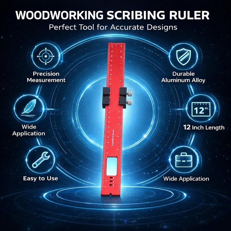 300mm Woodworking Scribing Ruler Aluminum Alloy, Compact Pocket Slide Stop Marking Tool - Rustproof Design, Precise Measurement for Machining and Woodworking - Image 2