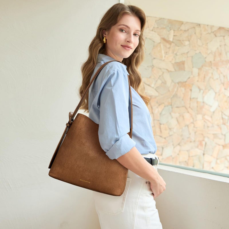 BOSTANTEN Bucket Bag Vegan Leather Shoulder Purses for Women Trendy Adjustable Strap, Suede Brown - Image 2