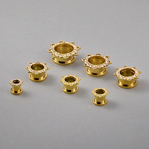 KUBOOZ Jewelry Gold Plated Flower Stainless Steel Crystal Gems Screw Back Ear Plugs Gauges Sold in Pairs 10mm - Image 5