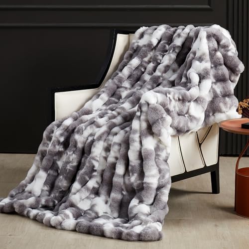 SAPHREAS Faux Fur Throw Blanket for Couch, Fluffy Fuzzy Bubble Blanket for Sofa Bed Living Room, Decor Soft Cozy Gifts for Women Men, 50x60” Tie Dye Grey - Image 1