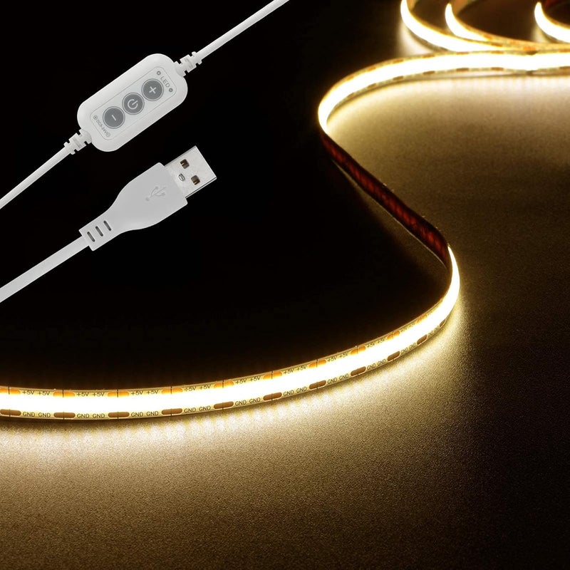 أضواء شريط LED USB 5V من 4.9 أقدام - 480 LED أبيض دافئ 3000K CRI85+ قابل للتعتيم شريط COB LED، 1200 لومن شريط ضوء USB مرن للإضاءة الخلفية للتلفزيون، غرفة النوم، الخزانة، المطبخ، إضاءة DIY - Image 1