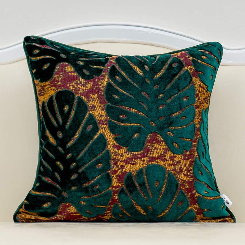 Alerfa 18 x 18 Inch Square Leaf Pillow Embroidery Cut Velvet Cushion Case Luxury Modern Lumbar Throw Pillow Cover Decorative Pillow for Couch Sofa Living Room Bedroom Car Teal Green