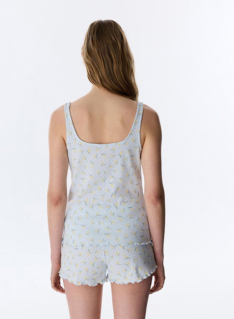 Penti Women's Cotton Lounge Flora Pointel Sleeveless Tank & Shorts Set - Light Blue - Image 5
