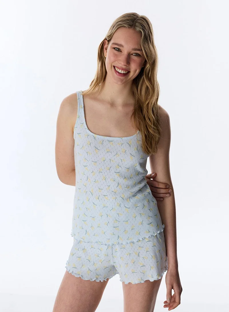 Penti Women's Cotton Lounge Flora Pointel Sleeveless Tank & Shorts Set - Light Blue