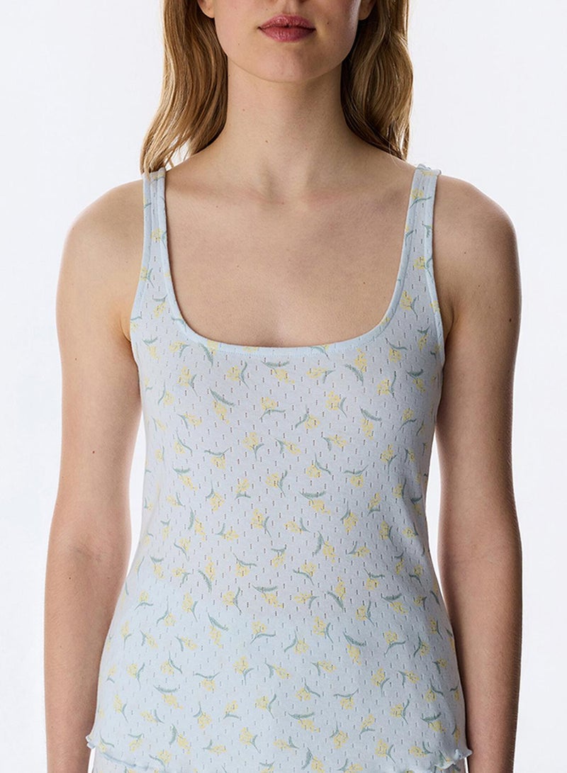 Penti Women's Cotton Lounge Flora Pointel Sleeveless Tank & Shorts Set - Light Blue - Image 3