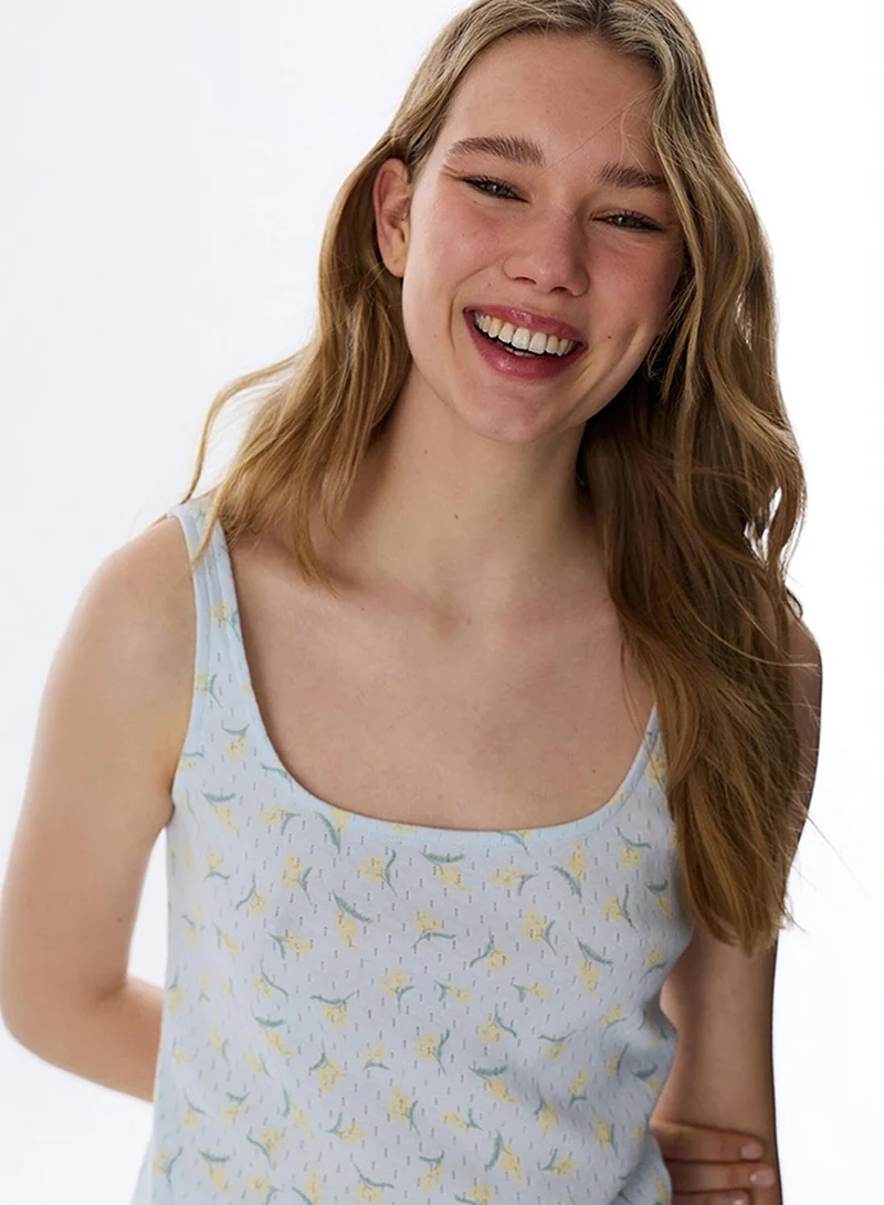 Penti Penti Women's Cotton Lounge Flora Pointel Sleeveless Tank & Shorts Set - Light Blue
